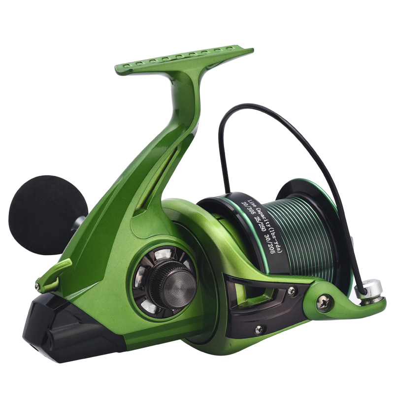 Carretes de Metal verde para peces de aguas profundas, rueda distante, rueda de balsa de fundición larga, carretes para lanzamiento de cebo, carrete de pesca giratorio