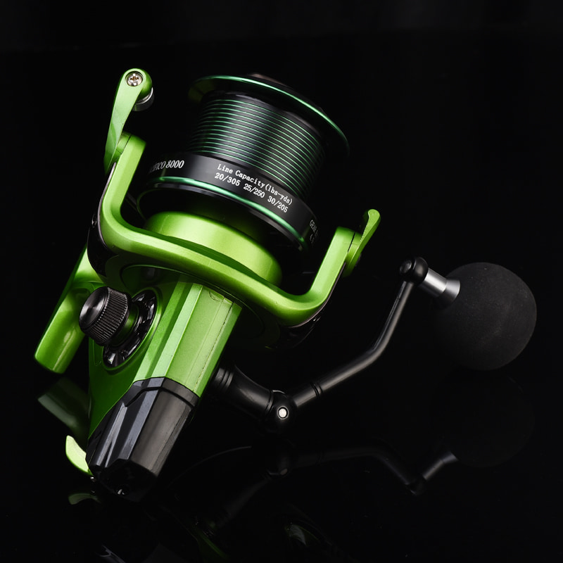 Carretes de Metal verde para peces de aguas profundas, rueda distante, rueda de balsa de fundición larga, carretes para lanzamiento de cebo, carrete de pesca giratorio